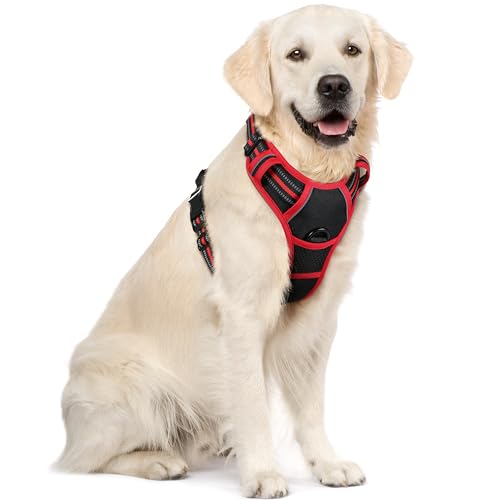 rabbitgoo Arnês cão grande, arnês antipuxões cão carro com linhas refletoras, colete acolchoado ajustável respirável com alça e anéis para adiesdireamento tamanho XL cor preto e vermelho