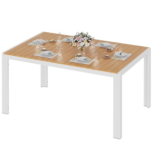 LIFERUN Mesa de jardim grande resistente às intempéries, 140 x 90 x 75 cm, mesa de alumínio para terraço com placa de WPC, mesa de jantar retangular para 6 pessoas, jardim estável, terraço