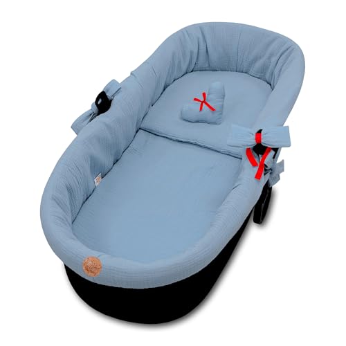 Cobertura universal para alcofa musselina - vestidura carrinho bebé ninho carrinho acessórios conjunto 3 peças com almofada e colchão azul
