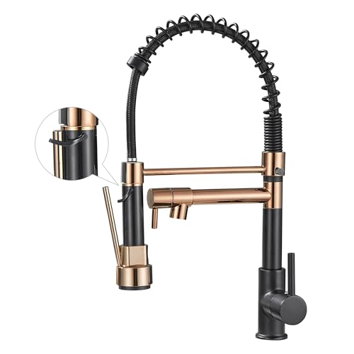 Torneira de cozinha com pulverizador suspenso de arco alto de um só cabo para lava-louças de cozinha, cor preta e ouro rosa