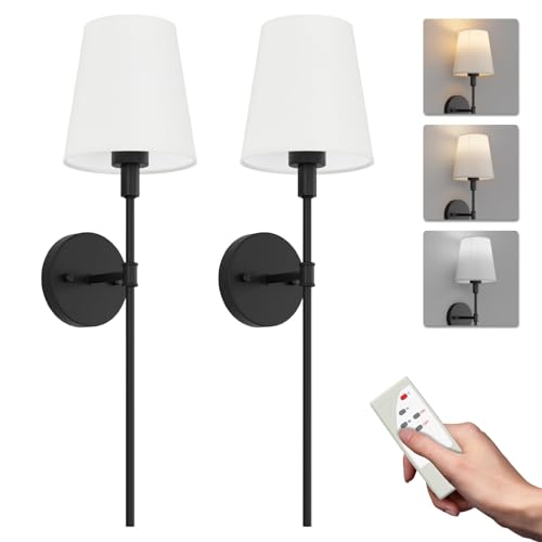 Aipsun 2 peças 5500 mAh candeeiro de parede da bateria com ecrã de tecido branco, regulável, aplique de parede interior sem cabo com controlo remoto, para quarto, casa de banho (preto)