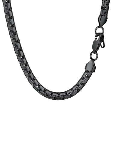 PROSTEEL Colar de corrente veneziana plana de aço inoxidável para mulheres homens, 4 mm / 6 mm de largura, 41 cm - 76 cm de comprimento, tom prateado/preto, inclui caixa de presente