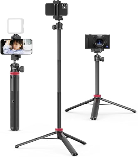 ULANZI MT-44 Tripé para telemóvel 147 cm, vara Selfie comprida com remoto, tripé câmara fotografia com 360° bola de bola, Cold Shoe, tripé compacto Vlog viagem para Samsung Sony Canon Nikon iPhone 16