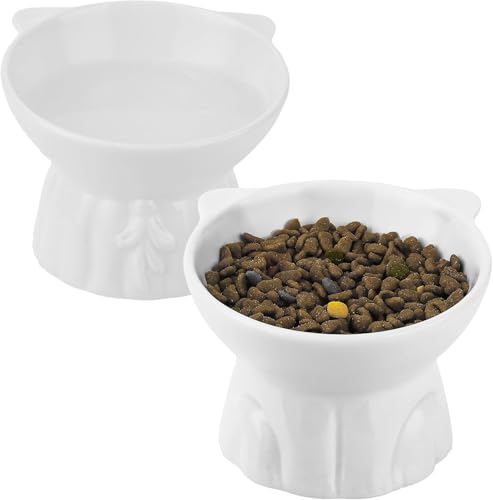 Conjunto de 2 comedouros para gatos, elevados com design de inclinação de 15°, tigela para gatos de cerâmica de grande tamanho, comedouro elevado para evitar vômitos, comedouro elevado para comida e