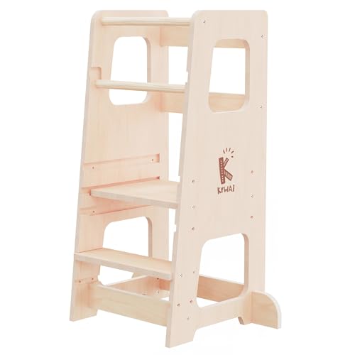 Kywai Torre de aprendizagem Montessori – Torre de aprendizagem Montessori de madeira natural, altura ajustável, segura e estável, com grades de proteção, fácil montagem, ideal para cozinha e casa de