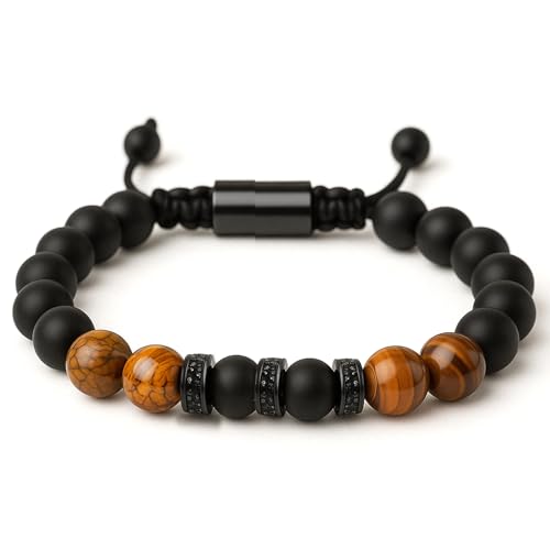 LAXISCREED Pulseira homem olho de tigre e ônice, ajustável - pulseira contas homem pedra natural, amuleto sorte, presente para ele, pai, marido, ideal aniversário, Natal