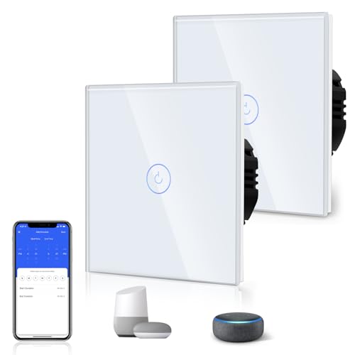 BSEED Interruptor de luz tátil inteligente WIFI, interruptor tátil de parede com painel de vidro compatível com Alexa/Tuya/Smart Life (requer cabo neutro) 1 gangue 2 vias branco, 2 pacotes