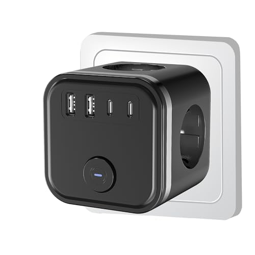 7 em 1 USB cubo tomada, latão tomadas 3680 W, várias paredes com 3 tomadas CA, 2 Tipo C e interruptor, extensão de tomadas com USB, carregador de latão para casa escritório, preto