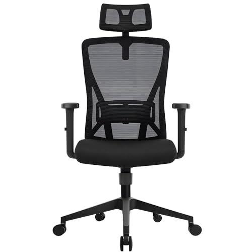 Durrafy Cadeira de escritório ergonómica, cadeira de secretária com apoio de cabeça ajustável, apoios de braços, suporte lombar, altura regulável e oscilação de 90 ° - 120 °, cadeira giratória