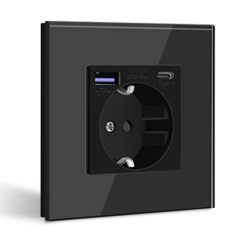BSEED Tomada de parede com USB C 20W, preto Schuko tomada com carregador rápido USB tipo C, 1 Gang tomada de corrente com 2 x carregadores USB e Typ C, tomada integrada adequada