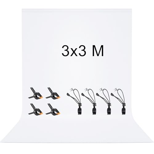 Vevelux Fundo de fotografia de 3 x 3 m, fundo fotográfico 100 % poliéster com 8 pinças grandes de estúdio, ecrã branco para fotografia, vídeo, estúdio, cinema, televisão