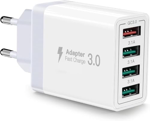 Carregador USB, carregamento USB de 4 portas com carregador rápido Smart QC 3.0 de 33 W, carregamento de várias portas USB-adaptador compatível com iPhone 11/12/13/15/16/SE/XS/Samsung Galaxy S21/S22