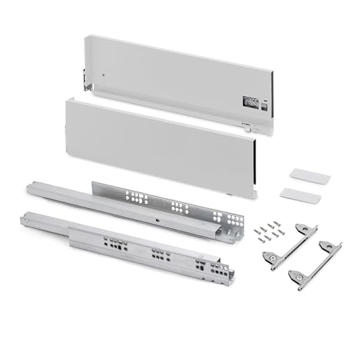Emuca - Kit gaveta para cozinha ou casa de banho com regulação 3D, altura 178 mm, profundidade 400 mm, 40 kg, fecho suave, placas não incluídas, aço, branco