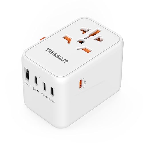 TESSAN Adaptador de viagem 65 W, GAN III adaptador tomada universal, carregador carregamento rápido, adaptador universal com 1 USB A, 3 USB C e 1 tipo C, tomada internacional para americano UK