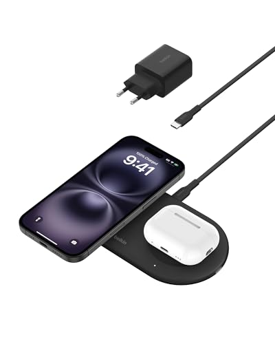 Belkin BoostCharge Pro Carregador sem fios 2 em 1 com tecnologia magnética Qi2 de 15 W, estação de carregamento rápido sem fios para iPhone 16, 15, AirPods, outros dispositivos com MagSafe, preto