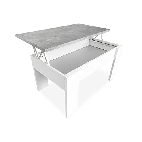 Duérmete Online, Mesa de centro elevável, mesa de sala de estar ou de jantar, acabamento em cor branca com tampa cinzenta, medidas, 90 cm (largura) x 50 cm (fundo) x 46, 57 cm (altura), madeira, 90 x