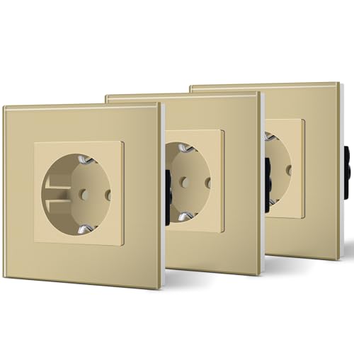 BSEED Tomada de parede tomada padrão Schuko com painel de vidro 16A instalação fácil 86 mm ouro, 3 pacotes