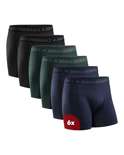 DANISH ENDURANCE Conjunto de 6 boxers de algodão para homem, roupa interior, elásticos, ultra suaves, conforto superior, corte clássico, justos, preto, cinzento, azul marinho