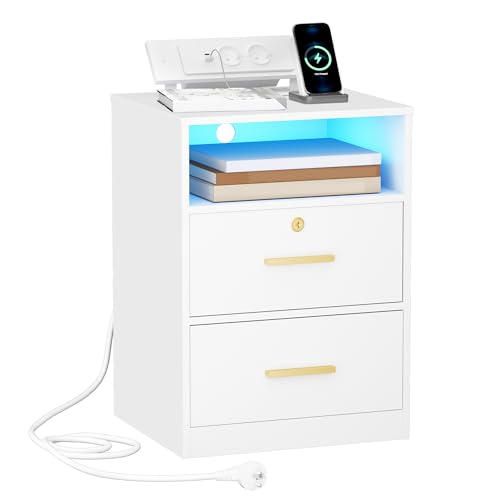 Hzuaneri Mesas de cabeceira com poste de carregamento, portas USB e tipo C, mesa auxiliar com luzes LED, 1 compartimento aberto e 2 gavetas, para quarto, sala, branco NS36603X