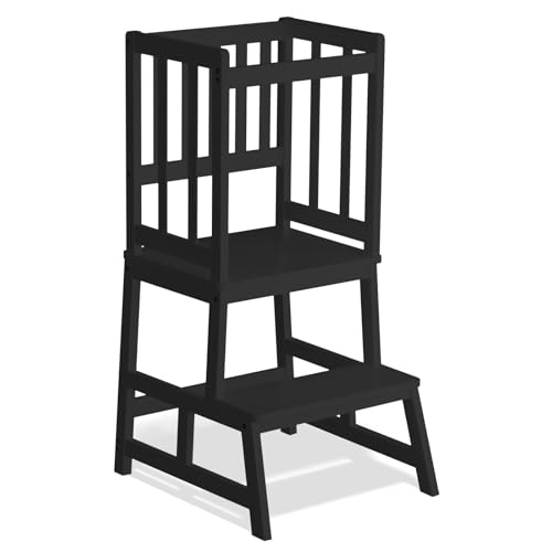 COSYLAND Torre de aprendizagem desde 18 meses - torre de aprendizagem de madeira para crianças - proteção anti-virar e barra de segurança - para casa de banho, quarto infantil e cozinha - preto