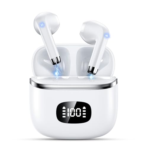 POMUIC Auriculares sem fios Bluetooth, auriculares Bluetooth 5,3 com 4 HD Mic HiFi estéreo, auriculares sem fios com altifalantes poderosos de 13,4 mm, ecrã LED, IPX7 impermeável, branco