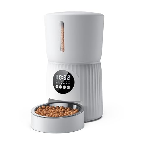 faroro Alimentador de gato automático, dispensador de comida 4 l gatos/cães com 1 a 6 refeições por dia, controlo de porções, voz 10s, alimentação lenta (branco)