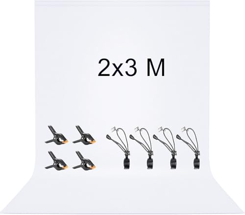 Vevelux Fundo de fotografia de 2 x 3 m, fundo fotográfico 100 % poliéster com 8 pinças grandes de estúdio, ecrã branco para fotografia, vídeo, estúdio, cinema, televisão