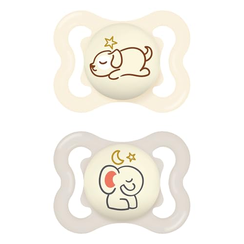 MAM Chupeta com escudo ventilado, brilho no escuro, 2-6 meses, tetina extra fina e flexível de fácil aceitação, com caixa autoesterilizadora, MAM Supreme, neutro brilhante, pack de 2 unidades