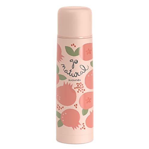 Suavinex, Garrafa térmica líquidos para bebé. Garrafa térmica de aço inoxidável com fecho hermético. Para bebidas quentes e frias. 500 ml. Design romã, cor coral