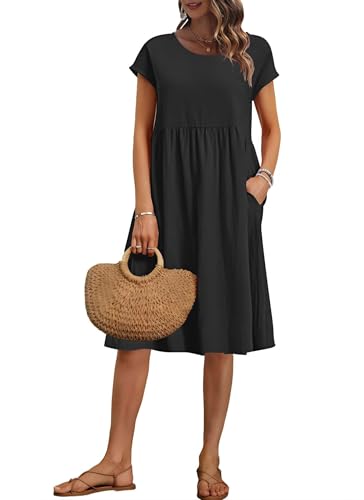 AUSELILY Vestido de verão, manga curta até ao joelho, para mulher, vestidos folgados, com decote redondo e bolsos