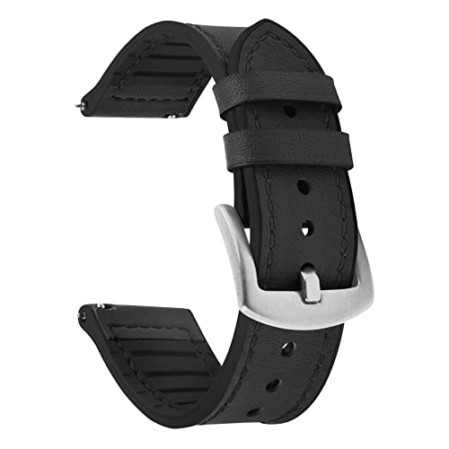 Fullmosa Correia de relógio de libertação rápida 22 mm 20 mm, bandas de couro híbridas de silicone para Samsung Galaxy Watch/Huawei Watch/Garmin Forerunner/Amazfit, Preto + fivela prateada, Elegantes