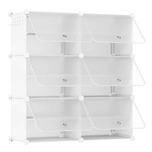 HOOBRO Armário de sapateira, 6 compartimentos, sapatos modulares, prateleiras de plástico, com porta, compartimento 40 x 30 x 30 cm, para sala de estar, corredor, entrada, branco e transparente