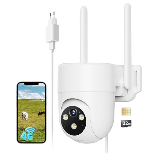 NUASI 4G LTE Câmara de vigilância exterior com cartão SIM, 360° PTZ câmara IP com detecção humana AI e visão noturna colorida, áudio bi-direcional e gravação 24/7 cartões 32 GB