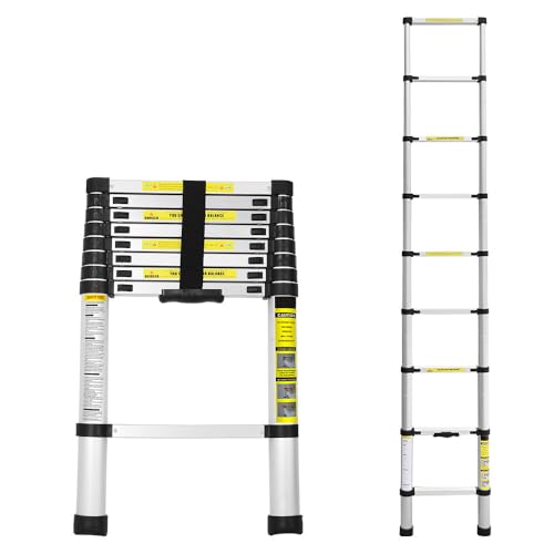Cecaylie Escada telescópica de 2,6 m, escada de alumínio, escada extensível com pés antiderrapantes, escada multiusos para sótão, escada, portátil, leve, 150 kg de capacidade