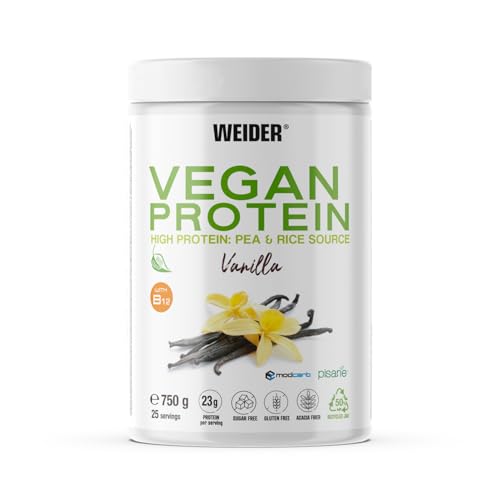 Weider Vegan Protein (750 g) sabor de baunilha. Proteína vegana 23 g/dose isolada ervilha (Pisane) e arroz. Vitamina B12 e Stevia. Sem glúten, sem açúcar. Bote 50% reciclado, 100% reciclável