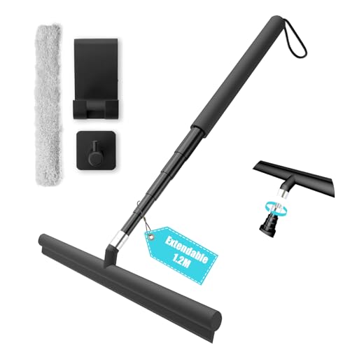 LORESJOY Rasqueta de chuveiro para limpeza, 120 cm raspador de chuveiro retrátil de 120 cm, limpador de duche de silicone com suporte, raspador para casa de banho, vidro, porta de duche (preto)