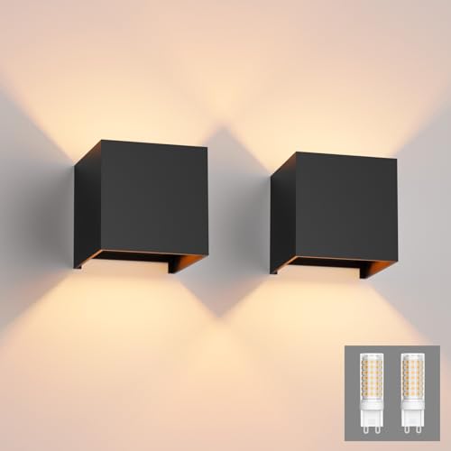 Klighten 2 peças modernas apliques de parede de exterior e interior, branco quente 3000 K candeeiro de parede para casa de banho, cozinha, sala de jantar, preto (inclui lâmpadas G9)