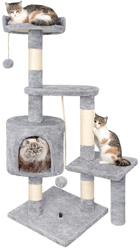 Raspador para gatos, Árvore de raspador para gatos de 112 cm e vários níveis estável com 4 postes de sisal, 3 plataformas, 1 cama, torre gatos para brincar e descansar - cinzento