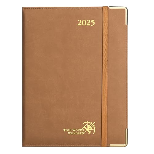 POPRUN Agenda 2025 Semana de vista, premium 22 x 16,5 cm, Jan 2025 a Dec 2025 com tampa dura, cantos protetores de ouro, 100 GSM papel EU, castanho