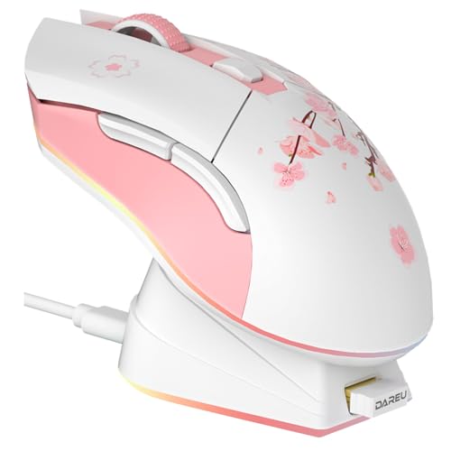 DAREU 901 x rato gaming sem fios rosa com base de carregamento recarregável RGB, 12 K dpi, 7 botões programáveis com sensor de alta precisão [300 IPS] [1000 Hz] para PC, portátil, Mac