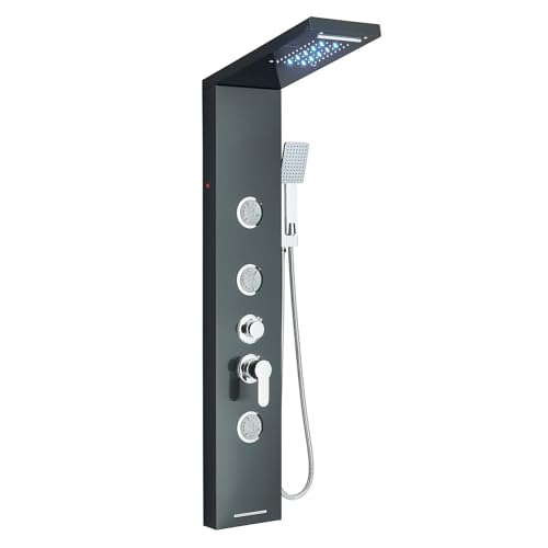 LIFFSSDG Sistema de torre de chuveiro preta com cabeça em cascata térmica LED, 6 funções, 3 jatos de massagem e de banheira - aço inoxidável 304