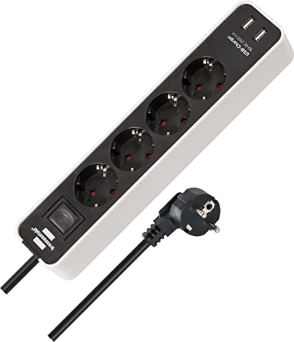 Brennenstuhl Extensão de tomadas com 4 tomadas de energia e função de carregamento USB (2 portas de carregamento USB, interruptor, 1,5 m cabo) branco
