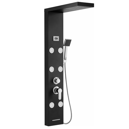 Auralum Coluna duche de hidromassagem, painel de chuveiro 4 função com ecrã LCD, coluna duche preta com torneira de aço inoxidável para casa de banho