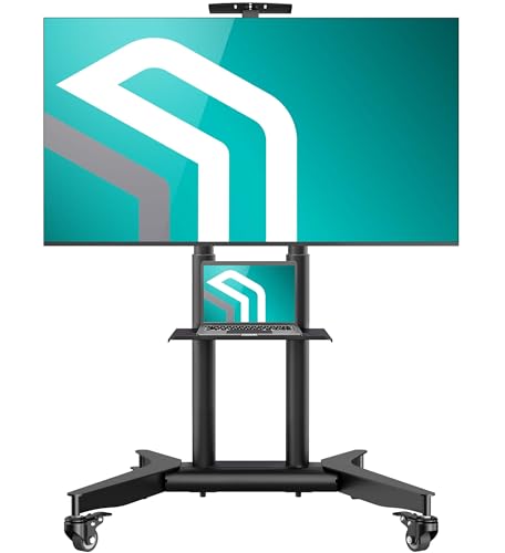 ONKRON Suporte TV rodas 32-75 polegadas, pé televisão universal carga total 60 kg, suporte para TV pé MAX VESA 600 x 400 mm, carrinho rodas televisão universal altura regulável, prateleira, preto