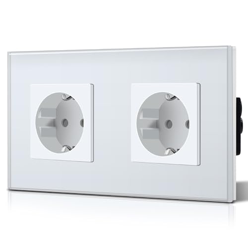 BSEED Tomada de parede 2 tomadas padrão Schuko com painel de vidro 16A instalação fácil 157 mm branco