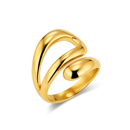 ALEXCRAFT Anel mulher prata/ouro, anéis abertos ajustáveis, anel empilhável, anéis de gota de água, hipoalergénico, aço, ouro 14 quilates, anel amizade, para mulheres, meninas e homens