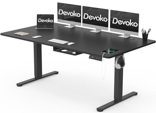 Devoko Mesa elétrica elevável 180 x 80 cm de carregamento USB C, mesa ajustável em altura com painel, 3 funções de memória e anticolisão, regulável em altura 72-118 cm (preto)