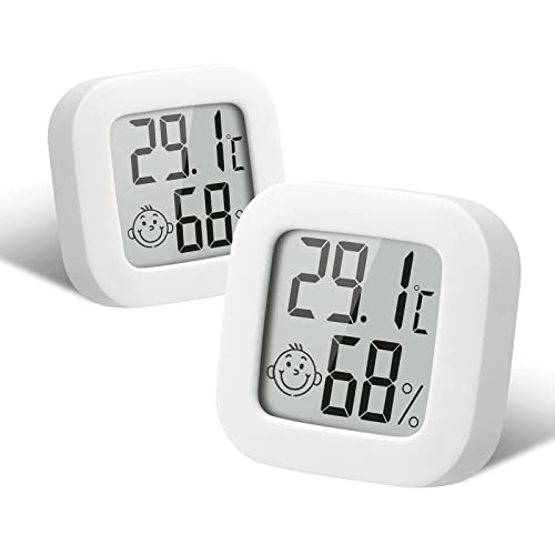 Flintronic Higrómetro digital térmico, 2 peças mini termómetro interior do higrómetro, ecrã LED com logótipo de conforto para termómetro ambiental para escritório quarto de bebé jardim (branco)