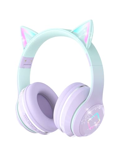 Xunpuls Auriculares Bluetooth para crianças com microfone, capacetes sem fios para menina, som estéreo, orelha de gato com luz LED, auriculares para telemóvel, tablet, presente de aniversário, meninos