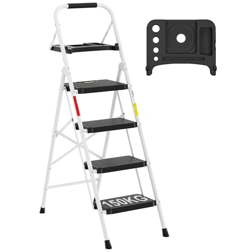 BONTEC Escadas dobráveis de 4 degraus, capacidade de 150 kg com pedais antiderrapantes largos, banco escadas de mão de aço, manúbrio de esponja, uso interno e exterior, branco
